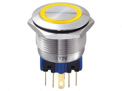 Кнопка M22 ON-(ON) LED12V IB22T-P (GQ22-11E) 5A/250V 6c IP67 SS -желтая-